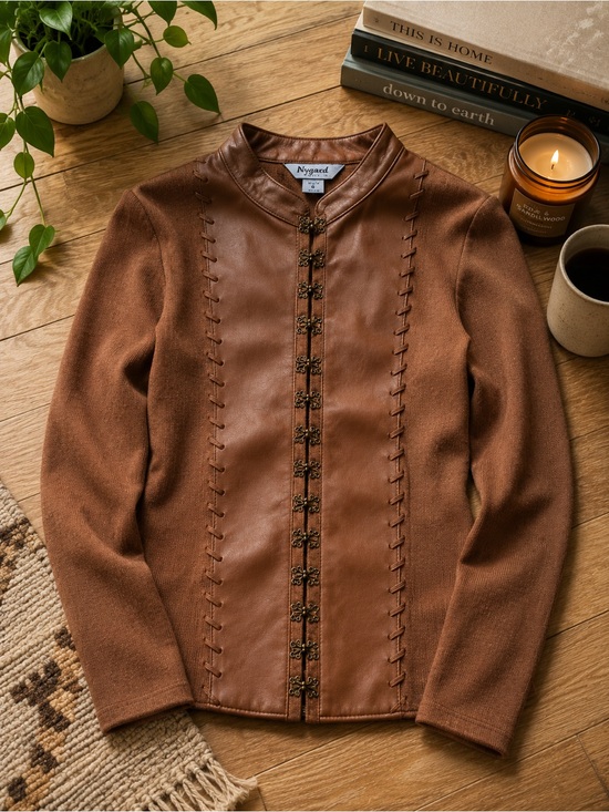 Nygard Collection Jackets & Blazers - Nygard Collection Faux Leather Panel Knit Jacket – Brown – Size 6 Petite